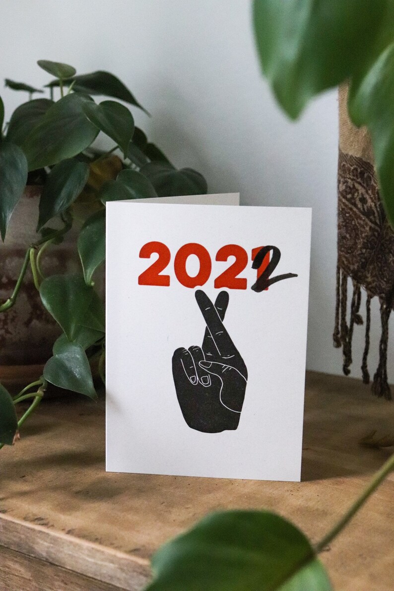 Fingers Crossed 2022 Good Luck Funny Happy New Year Political COVID-19 Letterpress Card image 1