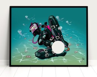 Poster BDSM erótico buceo, ilustración tortura erótica, Ilustración fetichista de buceo, arte fetichista, catsuit de neopreno