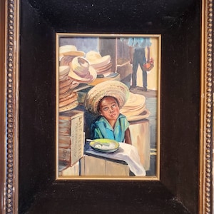 Wonderful Oil on Masonite. Young Boy in Hat Shop. Signed DeDe. From an Old Las Cruces NM Gallery. 10 x 12 in. With Frame. Awesome! L@@K!