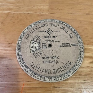 May include: A white circular chart with black text and numbers. The chart is a drill and tap size guide. The text on the chart reads "The Cleveland Twist Drill Co.", "Trade Mark", "Price 25¢", "Copyright 1911", "The Cleveland Twist Drill Co.", "Tap Drill Sizes", "Decimal Equivalents", "New York", "Chicago", "Cleveland, Ohio, U.S.A."