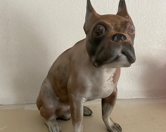 Vintage Boston Terrier Dog Figure Statue Old. Approximately 1 foot long by 10.5 inches tall. This Boston Terrier is too cute! Great Patina!