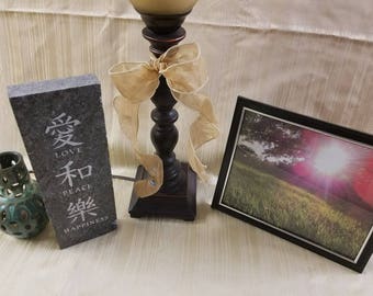 Kanji Love Peace Happiness Home and Garden Stone, Hand-crafted, sand-carved granite home and garden stone