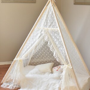 Bed Teepee Ivory All Lace Kid Bed Teepee, Kids Play Tent, Childrens Play House, Tipi,Kids Room Decor
