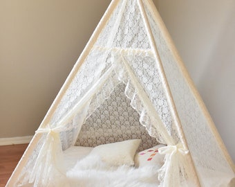 Bed Teepee Ivory All Lace Kid Bed Teepee, Kids Play Tent, Childrens Play House, Tipi,Kids Room Decor