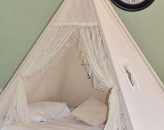Flora Ivory Lace Bed Teepee, Kids Cotton Canvas Play Tent