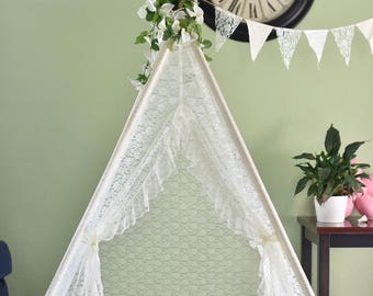 Ruffled Edge Ivory All Lace Kids Teepee, Play teepee, Lace teepee, Kids Play Tent, Childrens Play House, Tipi,Kids Room Decor