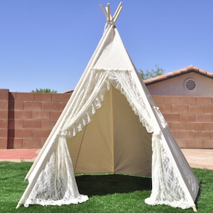 8&#39; Ivory Flora Lace Canvas Teepee, Adult/Kids Teepee/Tipi, Play Teepee, Play Tent, Play House, Tipi, Room Decor