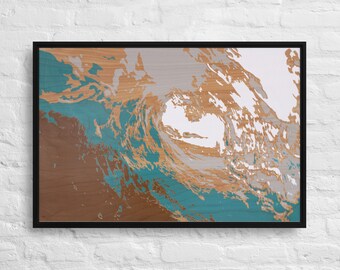 Barrel, Wave Barrel, Framed Canvas, Canvas Print, Blue Wave, Wall Print, Ocean Art, Wave Print, Abstract Wave, Wood Grain Texture, Modern,
