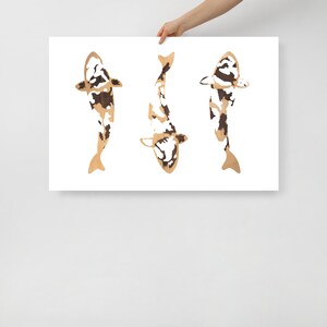Pesce Koi, stampa su carta, pesce bianco, venatura del legno, arte della parete, 3 pesci, 24x36