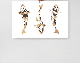 Koi Fish, Paper Print, White Fish, Wood Grain, Wall Art, 3 Fish, 24x36