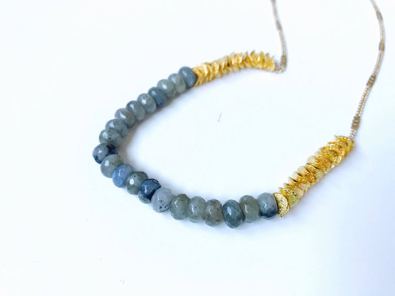 24K Gold Necklace Labradorite Rondelle Beads /& Gold Ruffle Washers