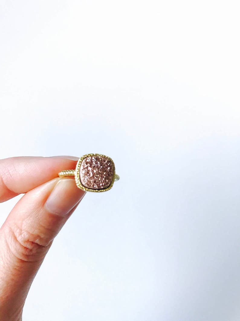 Rose Druzy Solitaire Ring 24K Gold Titanium with Twisted Band