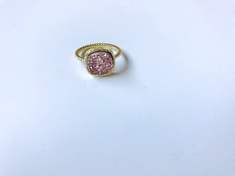 Rose Druzy Solitaire Ring 24K Gold Titanium with Twisted Band