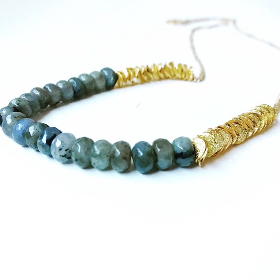 24K Gold Necklace Labradorite Rondelle Beads /& Gold Ruffle Washers
