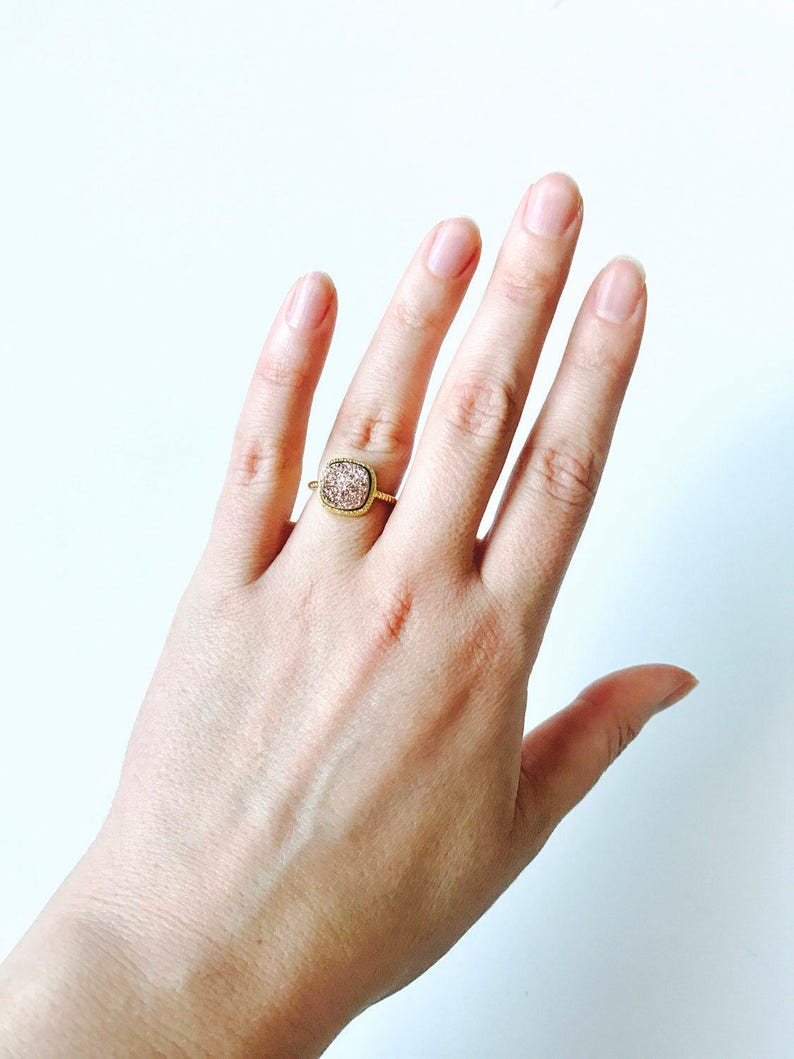Rose Druzy Solitaire Ring 24K Gold Titanium with Twisted Band