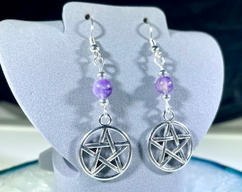 Pentacle dangle earrings with natural stone beads, amethyst, sodalite, snowflake obsidian, jasper; beaded jewelry, Wiccan, pagan