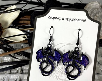 Purple dragon earrings, black dragons with a layer of dark purple glitter in resin, beautiful dangle earrings