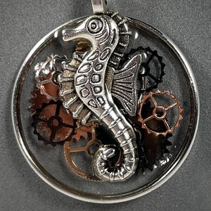 Steampunk seahorse resin pendant with gears, cord chain with lobster clasp