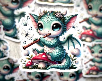Whimsical fairy Dragon diecut sticker, laptop sticker, water bottle sticker, notebook sticker, artistic sticker, fantasy dragon on mushroom