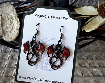 Red dragon earrings, dangle earrings, black dragons with a glitter resin, red glitter dragon earrings