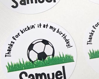 Soccer Birthday Favor Stickers, Personalized Soccer Ball Party Labels, Thanks for Kickin It Treat Labels, Boys Girls Sports Party Favors