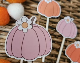 May include: An assortment of fall-themed decorations, including felt pumpkins in orange and white, and pumpkin-shaped toppers in shades of pink and orange with white flower accents. The items are arranged on a woven wicker surface.