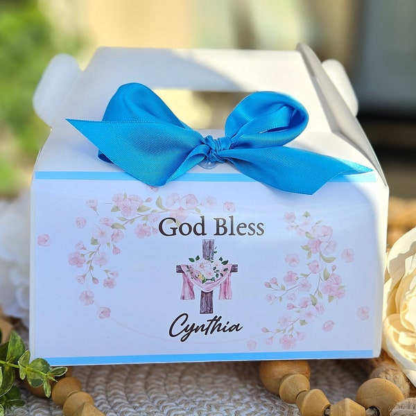 Girl Pink Floral cross  Baptism White Gable favor boxes-Bautizo Gable boxes-Any theme Gable box-Religious personalized Gable treat boxe-pink