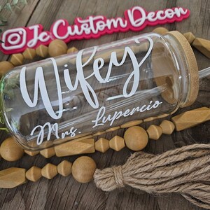Bride Wifey New Mrs. Personalized glass coffee cup-Bride Iced Coffee Glass Cup with lid-Mrs. Glass Can-Engagement Shower gift-New Bride GifT