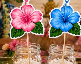 Tropical Hibiscus Centerpiece Picks, Hawaiian Party Decorations, Luau Birthday Decor, Hawaiian Flower Centerpieces Picks-Hibiscus picks