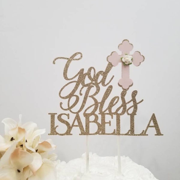 Baptism Girl Christening Cake Topper-God Bless Girl Cake Topper-Baptism Girl Glitter Cake Topper-Cross Cake Topper-Baptism Cake Topper Girl