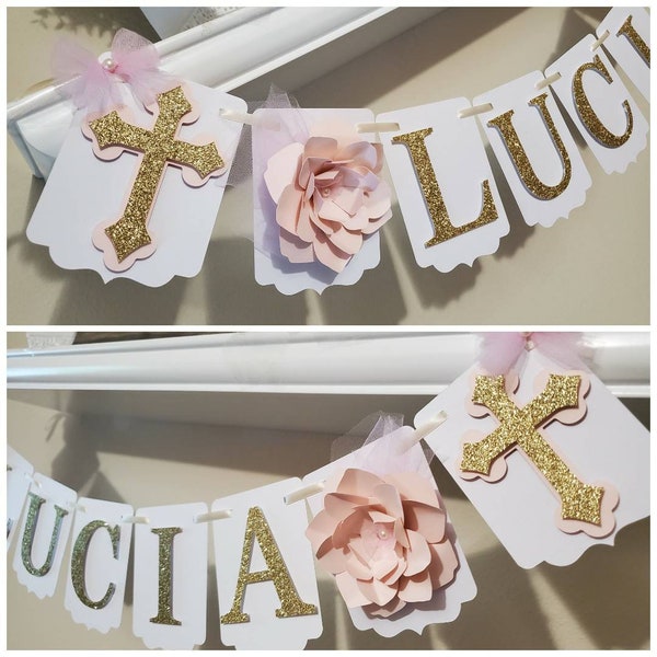 Flower Baptism Girl Banner-Baptism Banner-Baptism Pink Banner-First Communion Banner-Mi Bautizo Banner-God Bless Flower Girl Banner-Flower