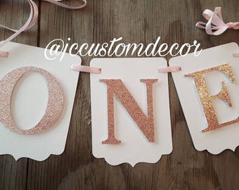 Girl One banner-one girl highchair banner-Ist birthday girl banner-one banner-pink gold birthday-first birthday-one highchair banner-girl