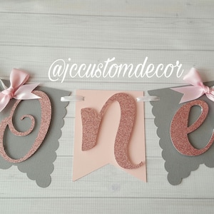 Pink Gray Gold Pink Silver Glitter One Highchair banner-One Pink Girl Highchair banner-One Banner-Pink Birthday Banner-Gold Silver Pink