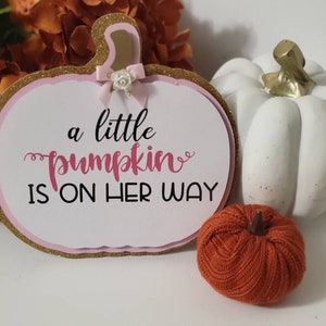 Może przedstawiać: Ozdobny znak w kształcie dyni z napisem "a little pumpkin is on her way". Znak ma złotą, błyszczącą obw&oacute;dkę i r&oacute;żowe akcenty. Na zdjęciu znajduje się r&oacute;wnież mała biała dynia i pomarańczowa dynia z tkaniny.
