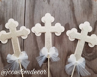 Gold Silver Cross Centerpiece-Glitter Cross Picks-Cross Centerpiece Picks-Baptism Pick Centerpiece-Cross centerpiece-Christening Centerpiece