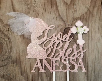 First Communion girl cake topper-Veil Communion cake topper-God Bless Cake topper-Communion girl topper-Praying girl cake topper-Communion