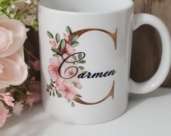 Letter flower mug-Floral letter initial coffee mug-Personalized gift floral alphabet-Letter coffee mug-Letter monogram coffee mug-Initial