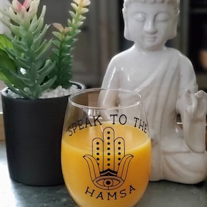 Hamsa wine glass-Hamsa gift-Speak to the Hamsa wine glass-Good vibes-Yogi wine glass gift-Hamsa-Evil eye wine glass-Evil eye-Practice Hamsa