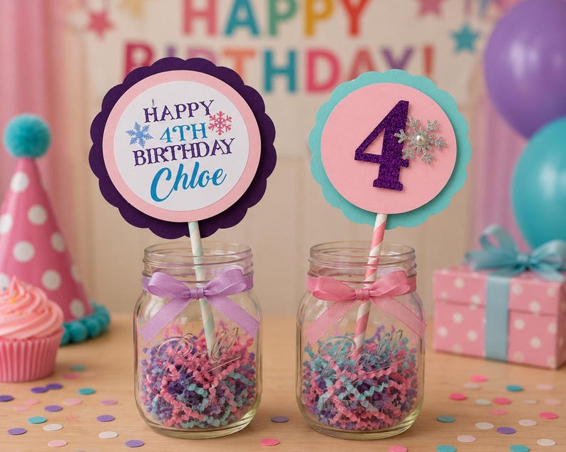 May include: Two glass jars with decorative toppers for a birthday party. One topper says "Happy 4th Birthday Chloe" with snowflakes. The other has a number 4. Both are in jars with colorful paper and ribbons.