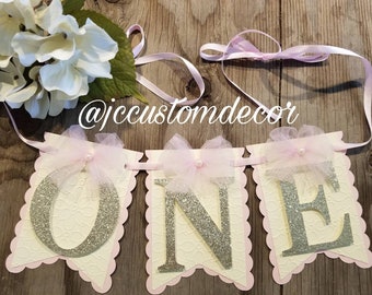 One girl highchair banner-One girl banner-One pink banner-pink one girl highchair banner-One banner-first birthday girl banner-pink gold