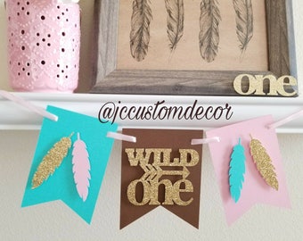 Wild One feather girl banner-Wild one pink gold girl banner-Tribal boho girl one banner-1st birthday boho girl banner-Girl wild one-Wild one