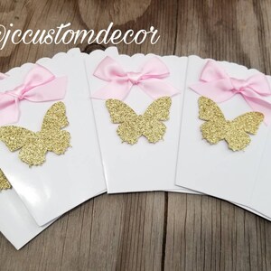 Butterfly popcorn favor box-pink white gold favor box-pink gold favor box-Butterfly theme favor box-Butterfly treat box-shower favor box