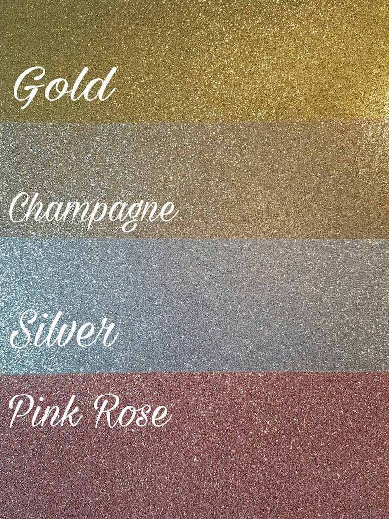 May include: Four swatches of glitter in different colours: gold, champagne, silver, and pink rose.