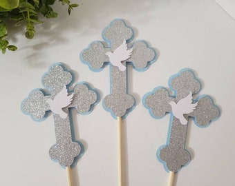 Glitter cross centerpiece-Cross boy girl centerpiece-Baptism cross centerpiece-Baptism Centerpiece-Cross picks-Cross dove centerpiece picks