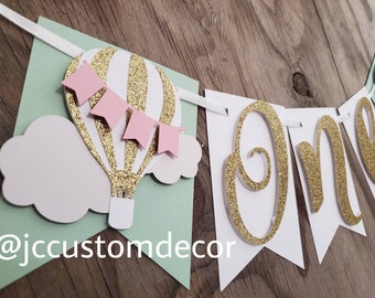 One Hot Air Balloon banner-One Up up and away banner-one girl hot air balloon birthday banner-girl one banner-Up up and away birthday banner