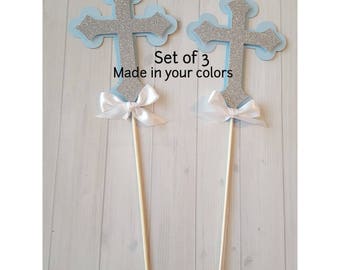 Boy Girl Cross Centerpiece-Glitter Cross Picks-Cross Centerpiece Picks-Baptism Centerpiece-Cross centerpiece-Christening Centerpiece-3pc set