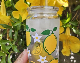 Lemons Glass can-Summer Lemons flowers acrylic cup-Lemons Summer glass cup-Cute summer Lemons water cup-Lemons flower glass-Lemon flower cup