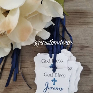 God Bless Tags-God Bless Favor Tags-God Bless boy girl tags-God Bless personalized favor tags-God Bless navy blue pink light blue tags-cross