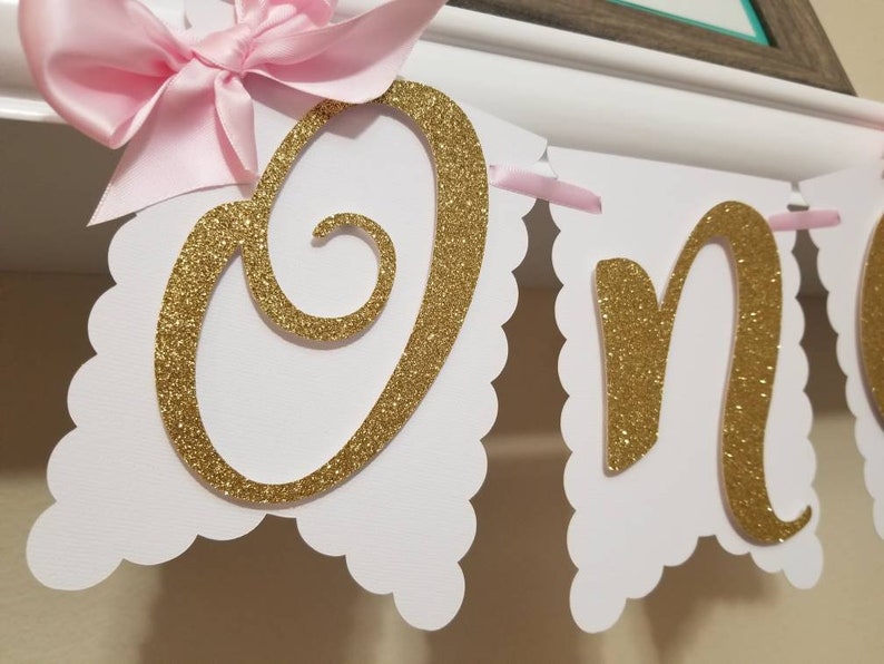 Pink & White Highchair Banner – “One” Bow Design, First Birthday Cake Smash Photo Prop Decor (Girl)