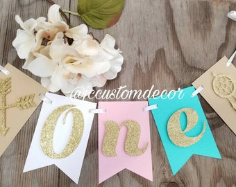 Wild One dreamcatcher girl banner-Wild one pink gold girl banner-Tribal boho girl one banner-1st birthday boho girl banner-Girl wild one